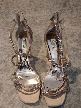 Badgley Mischka Blush Pink Crystal-Strap Evening Heels